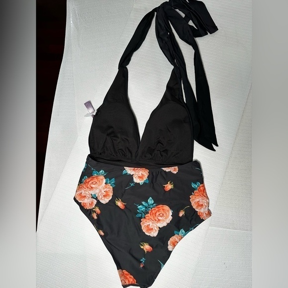 FLORAL SWIMSUIT XL One Piece Halter Back Out Deep V Neck Plunge Wireless Women - Picture 10 of 12